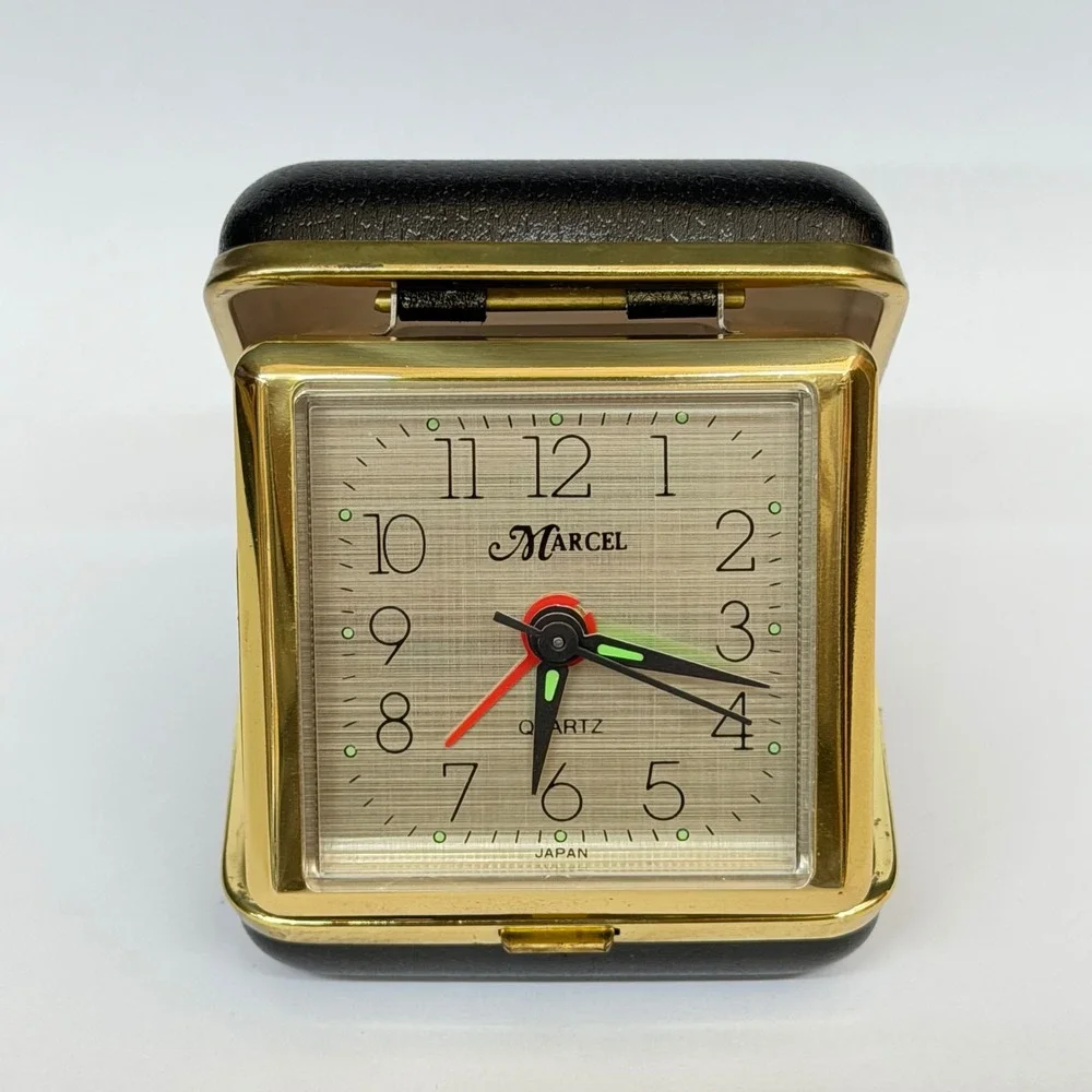 Vintage Marcel Folding Travel Alarm Clock Quartz Japan Black Gold Case Retro